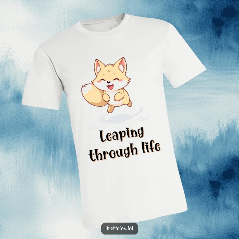 Funny kawaii arctic fox t-shirt featuring a joyful creature leaping through fresh snow with perked ears. Cute and humorous winter animal apparel.