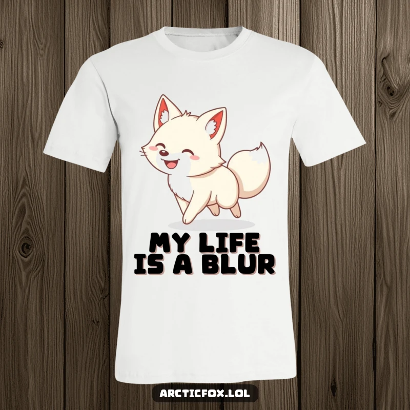 Funny t-shirt featuring a joyful arctic fox with a wide grin, spinning in circles while chasing its tail ecstatically.