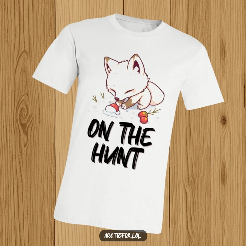 Funny T-Shirt: A determined arctic fox digs eagerly in the snow, symbolizing a humorous and relentless search for hidden rewards.