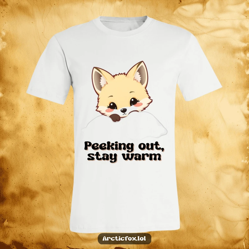 Kawaii Arctic fox with curious eyes peeking from snow on a t-shirt, ideal for cute style.