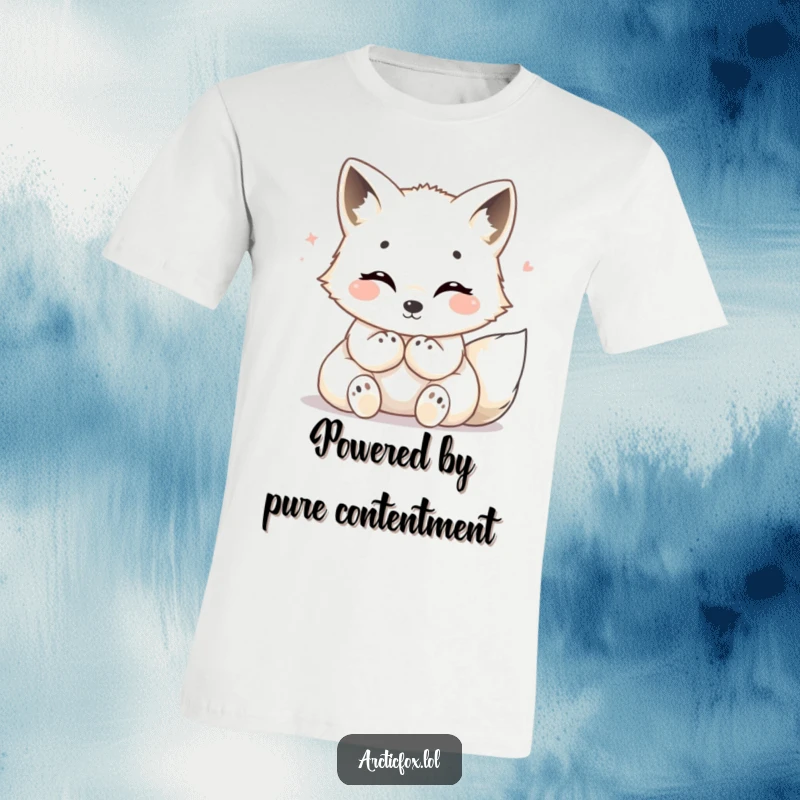 Funny Arctic fox t-shirt, depicting a happy fox with tucked paws, radiating cozy warmth and pure contentment.