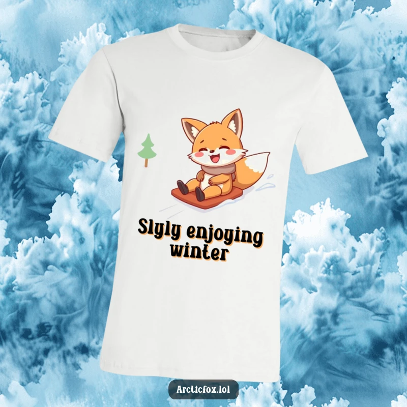 Funny t-shirt depicting a joyful fox character with a wide grin, sliding downhill on snow with pure, unadulterated giggles.