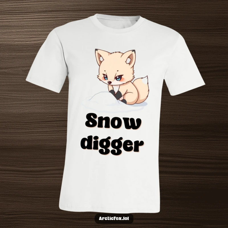 Funny kawaii arctic fox t-shirt, looking determined while digging in snow, a cute and funny winter gift for fans.