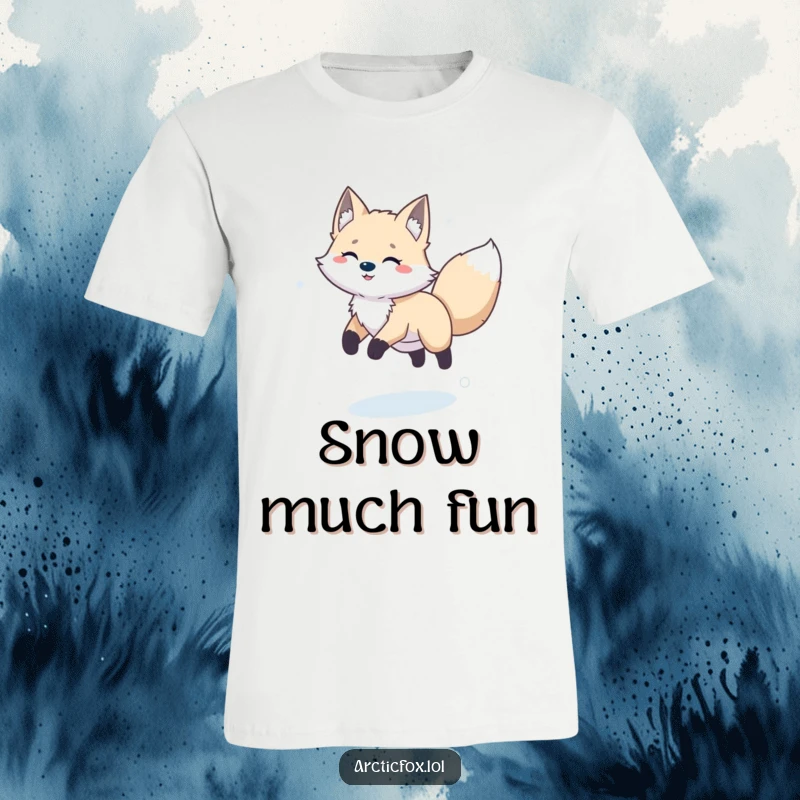 Funny happy arctic fox in a joyous leap through powdery snow, depicted on a comfortable t-shirt.