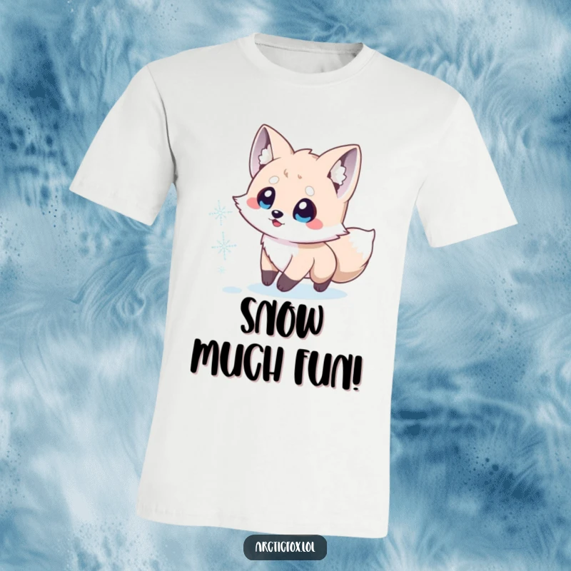 Funny Arctic Fox T-Shirt: A small, excited fox with big eyes leaping to catch a snowflake, embodying winter fun.