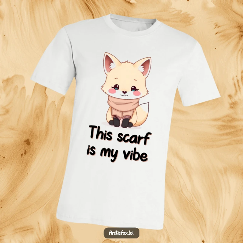 Funny kawaii arctic fox wearing a tiny cozy scarf and smiling, depicted on a soft t-shirt design.