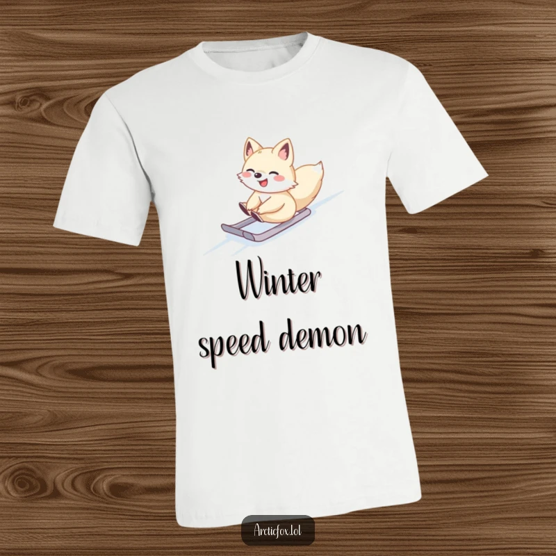 Cute Arctic fox sliding gleefully down a snowy hill on a t-shirt, ideal for winter lovers.
