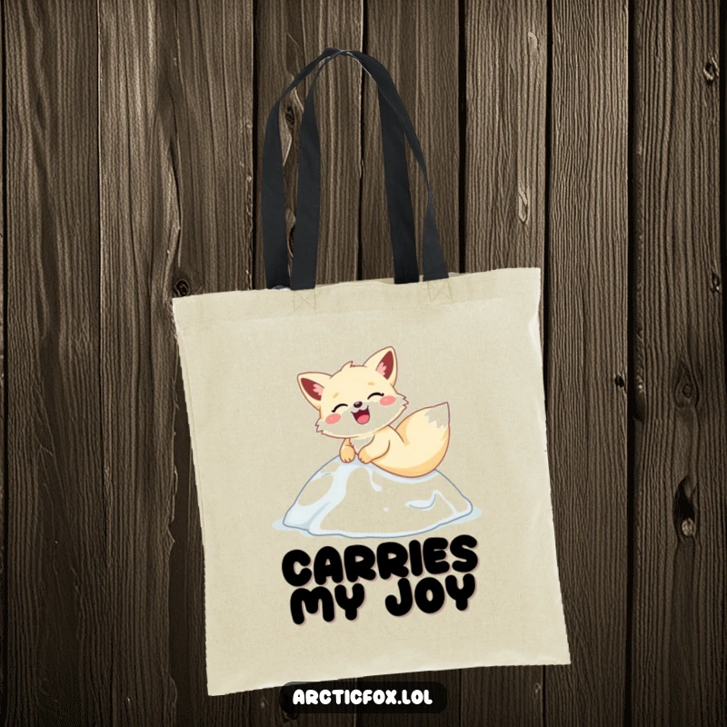 Funny arctic fox tote bag, comically sliding and laughing down an icy hill, a delightful and amusing accessory.