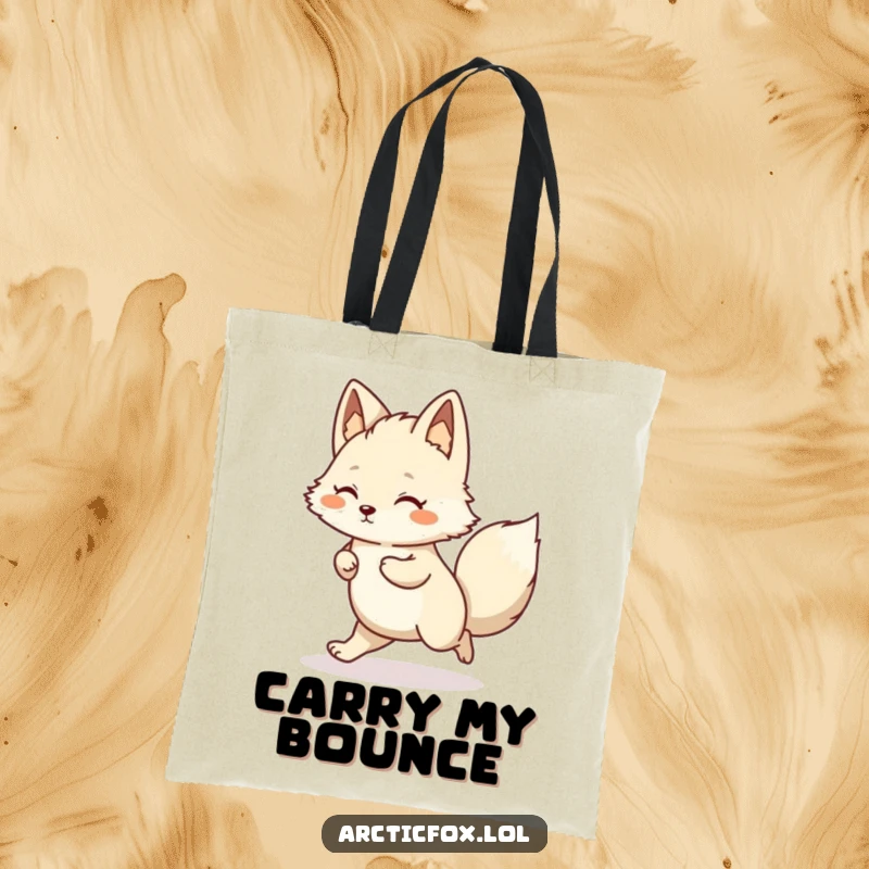 Funny Kawaii Arctic Fox Tote Bag, captured mid-hop, a cheerful and humorous accessory.
