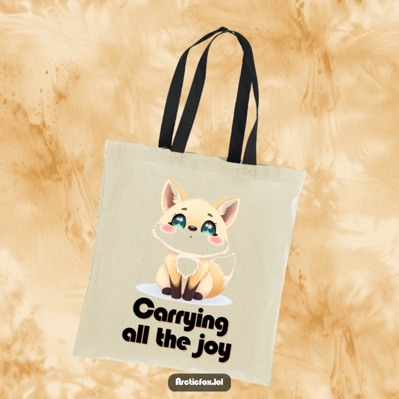 Funny tote bag with an arctic fox exhibiting wide, amazed eyes as it observes snowflakes falling gently around it.