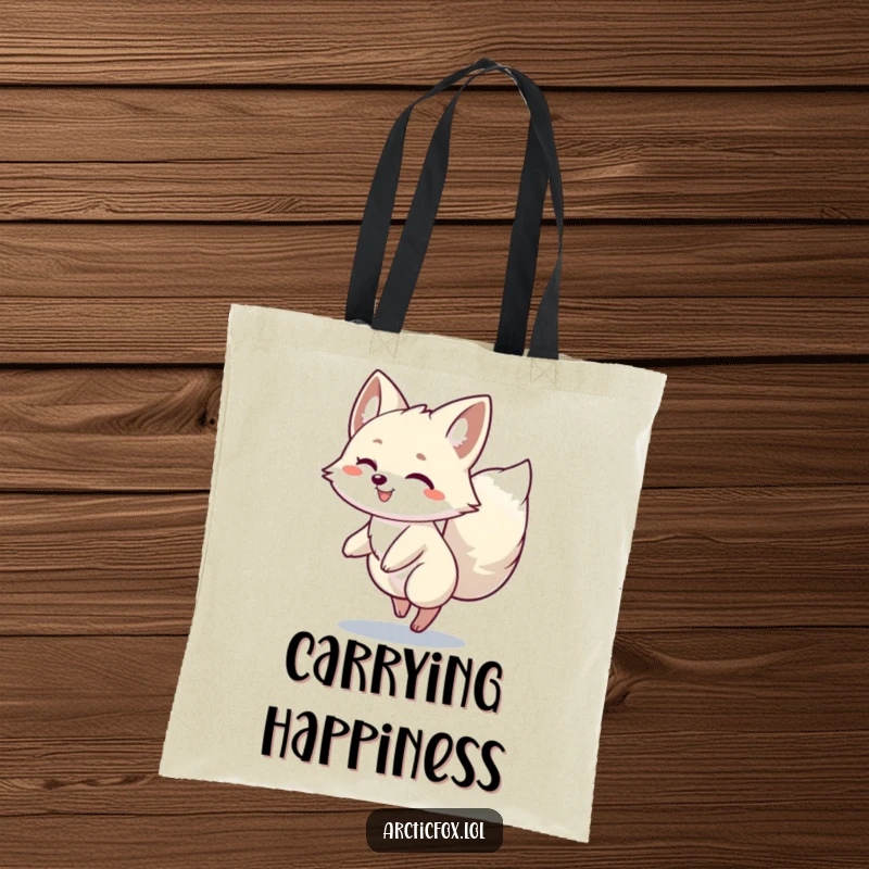 Funny Arctic Fox Spin Tote Bag: An Arctic fox character happily spinning with its bushy tail, ideal for carrying items with flair.