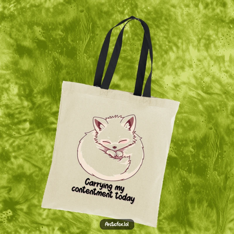 Funny tote bag illustration of a happy, fluffy Arctic fox curled into a perfect ball, ready to carry your essentials with charm.