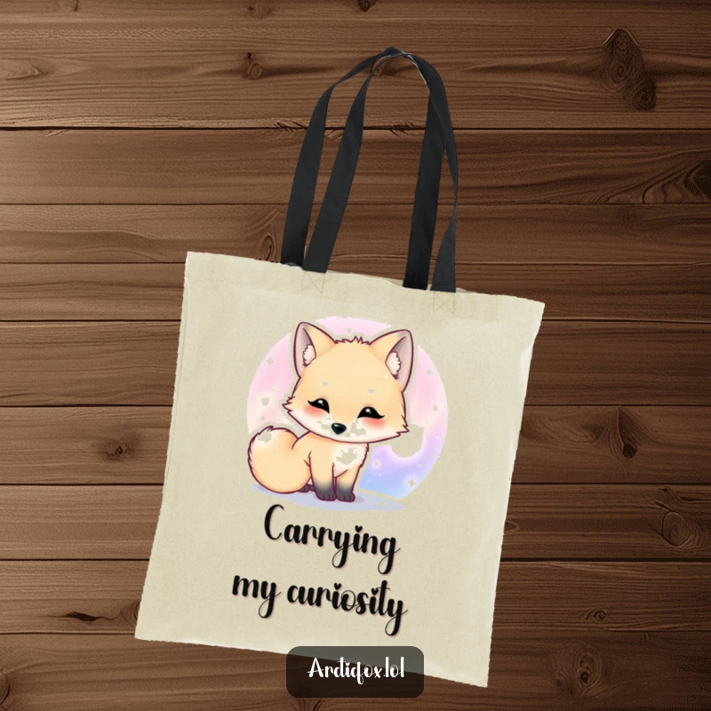 Funny Kawaii arctic fox tote bag with a cute fox curiously sniffing a colorful aurora borealis.