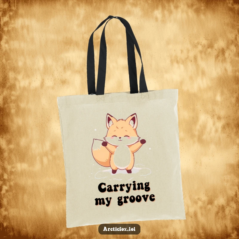 Funny tote bag featuring a fluffy fox energetically doing a silly dance within a pile of soft, inviting snow.