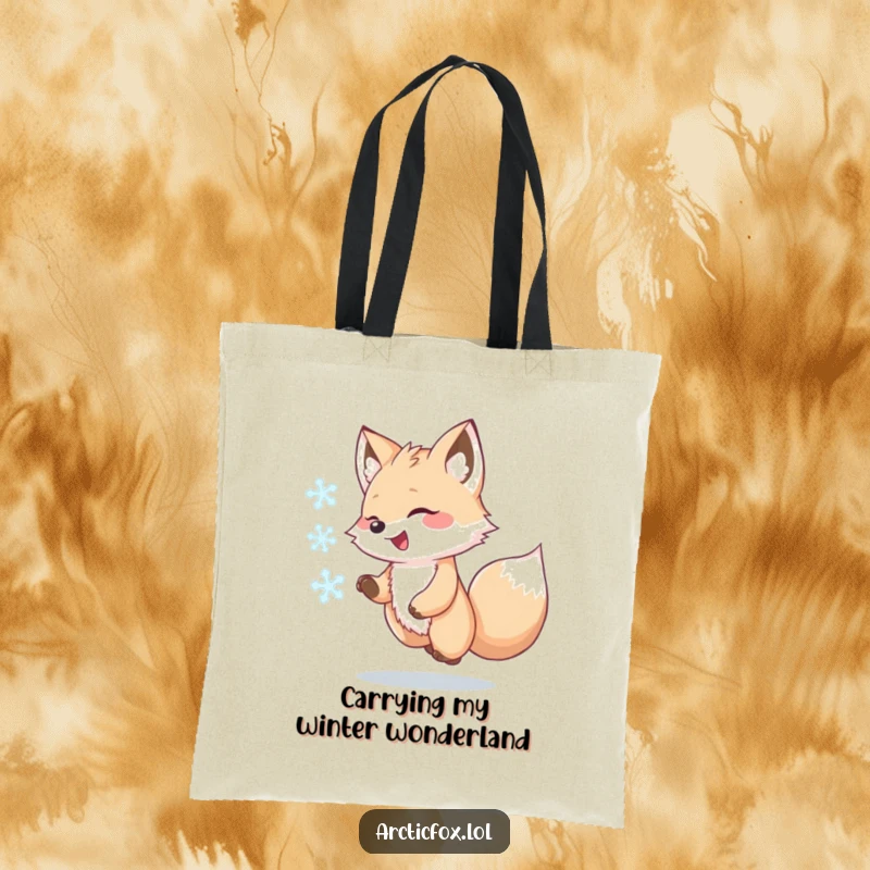 Funny Kawaii Arctic Fox Tote Bag, joyfully chasing a swirling snowflake, durable and cute shopping bag, humorous arctic animal design, excellent funny gift