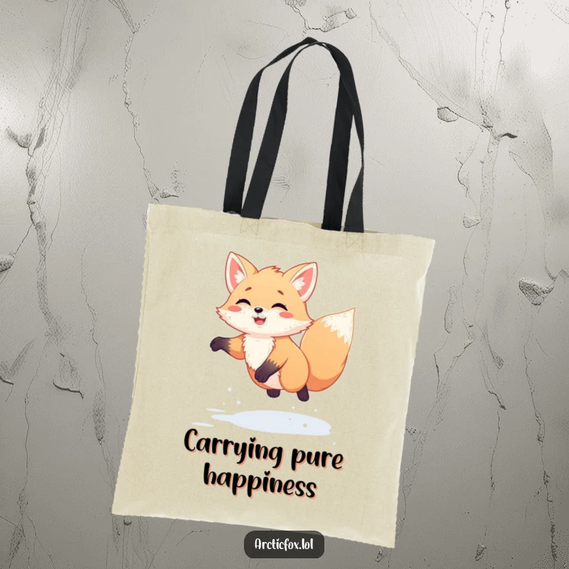Funny Kawaii Arctic Fox Tote Bag: Cute white fox joyfully jumping high in fresh snow, a practical yet amusing winter accessory.