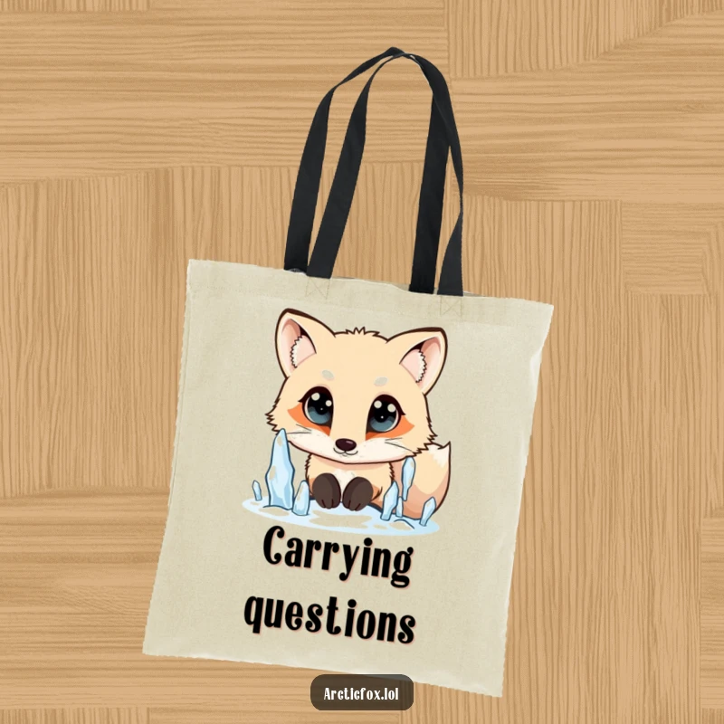 Funny Arctic fox tote bag, wide curious eyes, looking at falling icicles, charming and practical, a delightful funny gift.