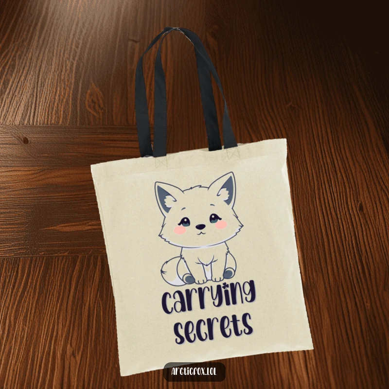 Funny Kawaii Arctic Fox Tote Bag: A cute Arctic fox with ears perked high, listening intently, ideal for carrying essentials.
