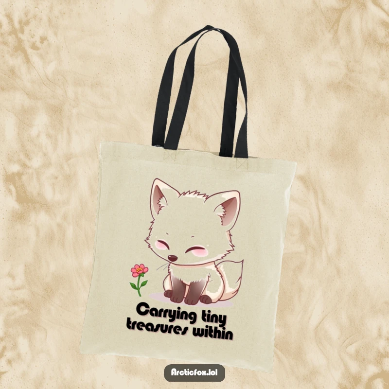 Funny kawaii arctic fox curiously sniffing a tiny single bloom, printed on a durable and stylish tote bag.