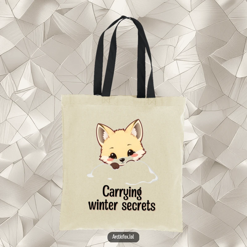 Kawaii Arctic fox with curious eyes peeking from a snowdrift, on a stylish tote bag, cute accessory.