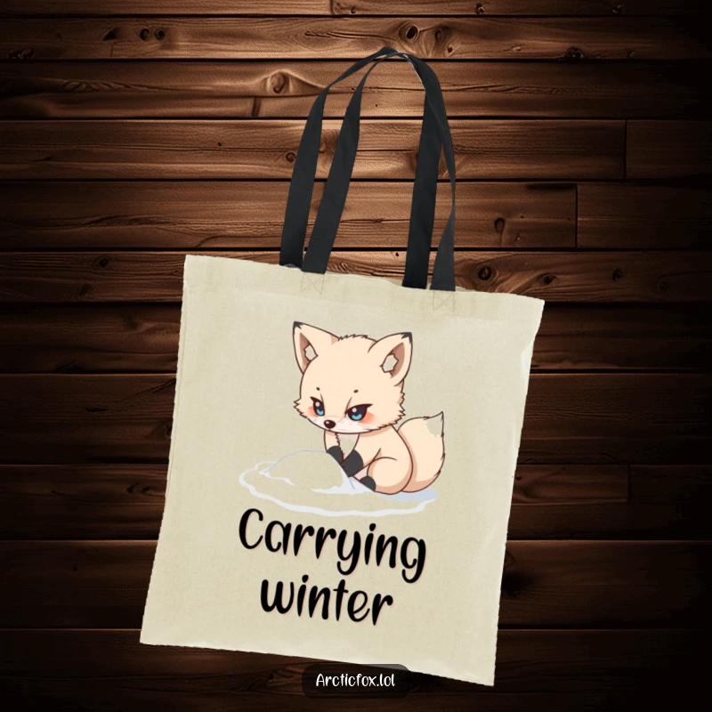 Funny kawaii arctic fox tote bag, looking determined while digging in snow, a stylish and funny gift for shoppers.