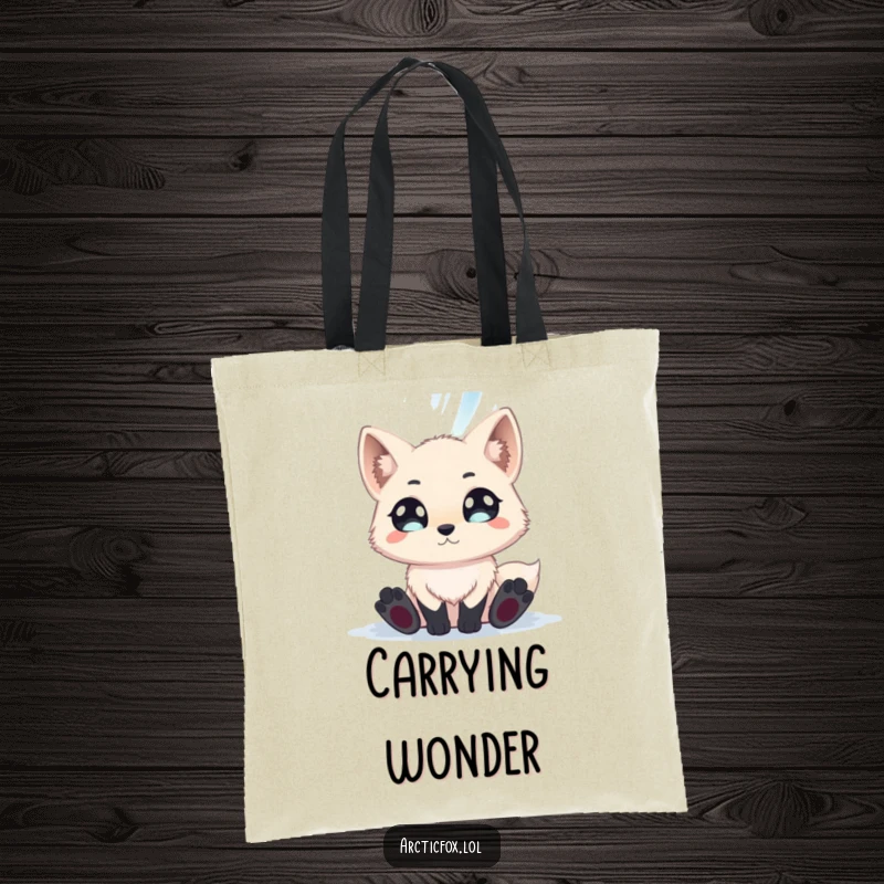 Funny arctic fox with wide eyes gazing at a vibrant aurora borealis, featured on a stylish tote bag.