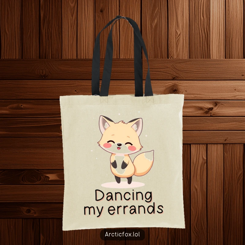 Funny Kawaii arctic fox dancing in snow, a stylish and humorous tote bag.