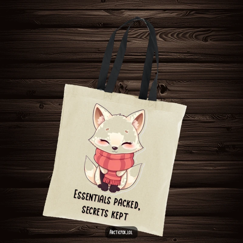 Funny winking Arctic fox tote bag, bundled in a scarf, stylishly carrying essentials with a playful arctic theme.
