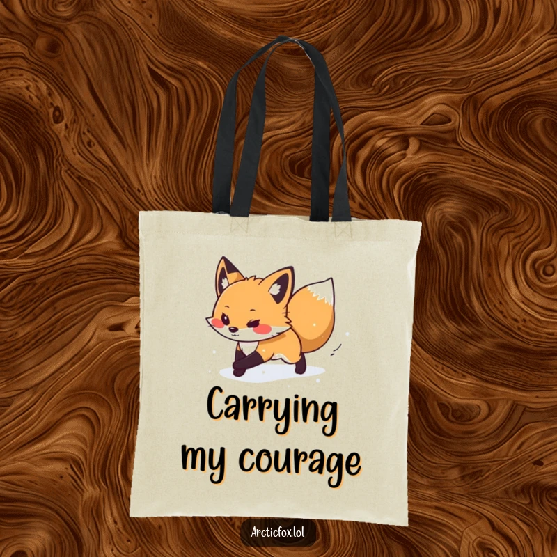 Funny tote bag with a determined arctic fox boldly navigating through a gentle, swirling snow flurry.