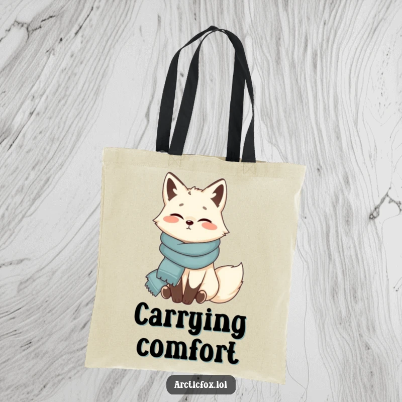 Funny Arctic fox tote bag, contentedly wrapped in scarf, cozy accessory, practical and charming, a wonderful funny gift.