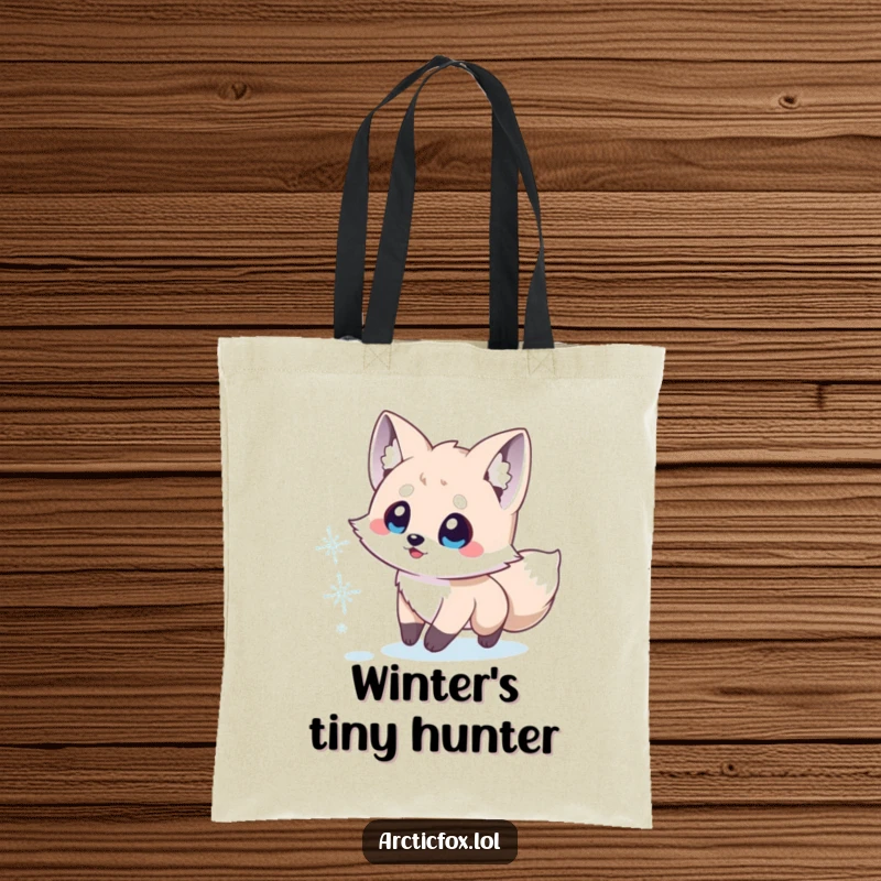 Funny Arctic Fox Tote Bag: A small, excited fox with large eyes joyfully pursuing a snowflake, ideal for everyday use.