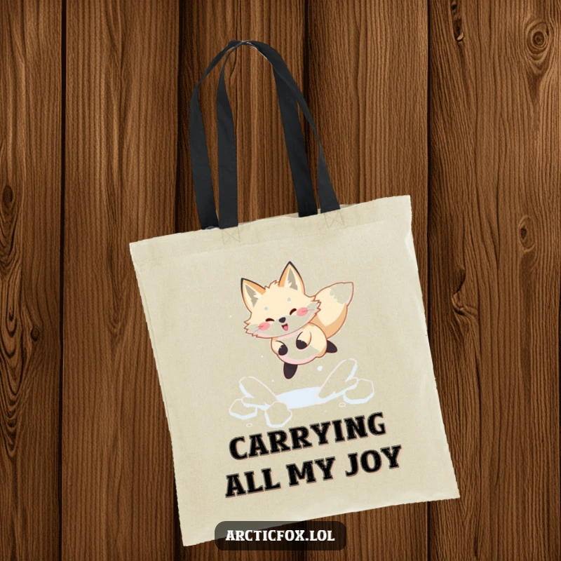 Funny Arctic fox tote bag showcasing a joyful leap through fresh, powdery snow, a whimsical winter accessory.