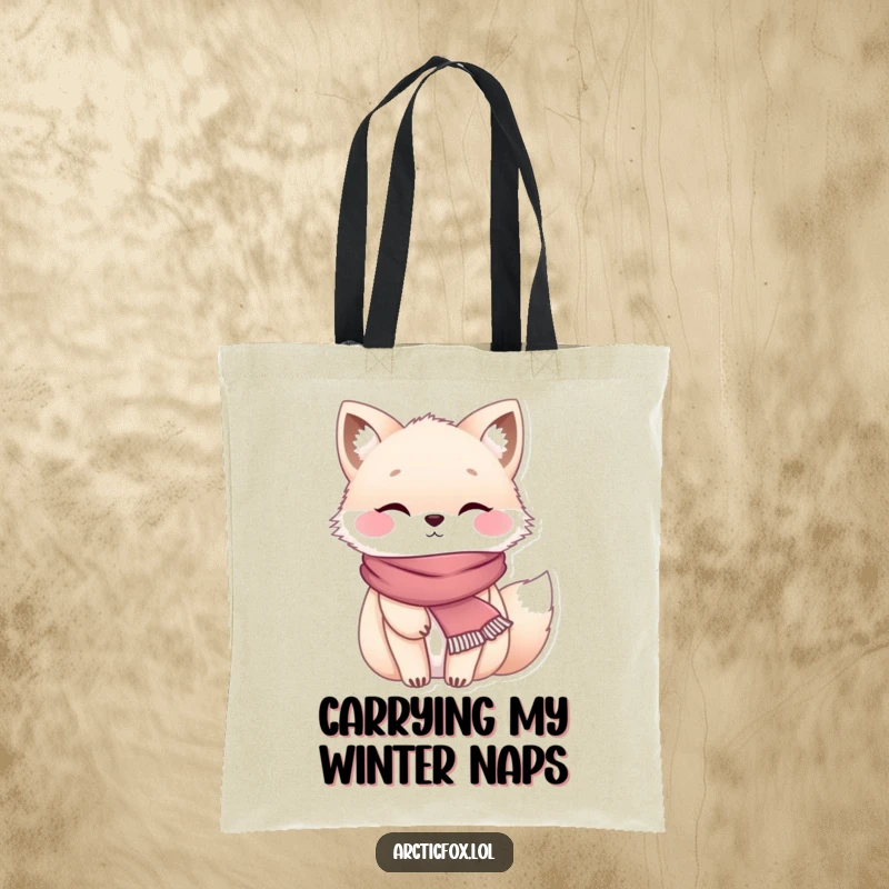 Funny chubby arctic fox wearing a tiny scarf, looking super cozy and ready for errands on a tote bag.