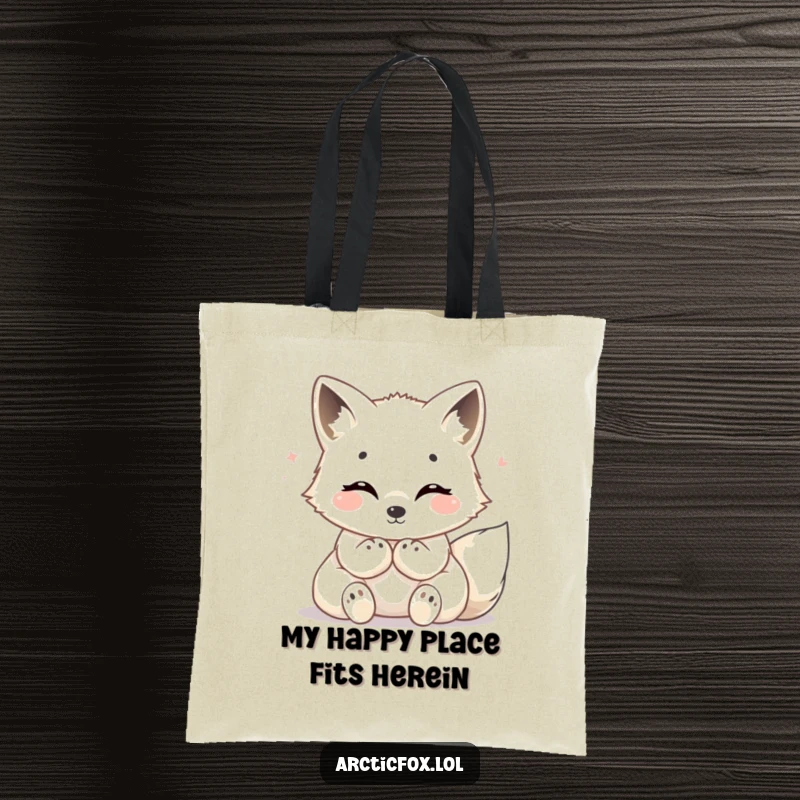Funny Arctic fox tote bag, showing a happy, tucked-paw fox radiating cozy warmth and contentment for everyday use.