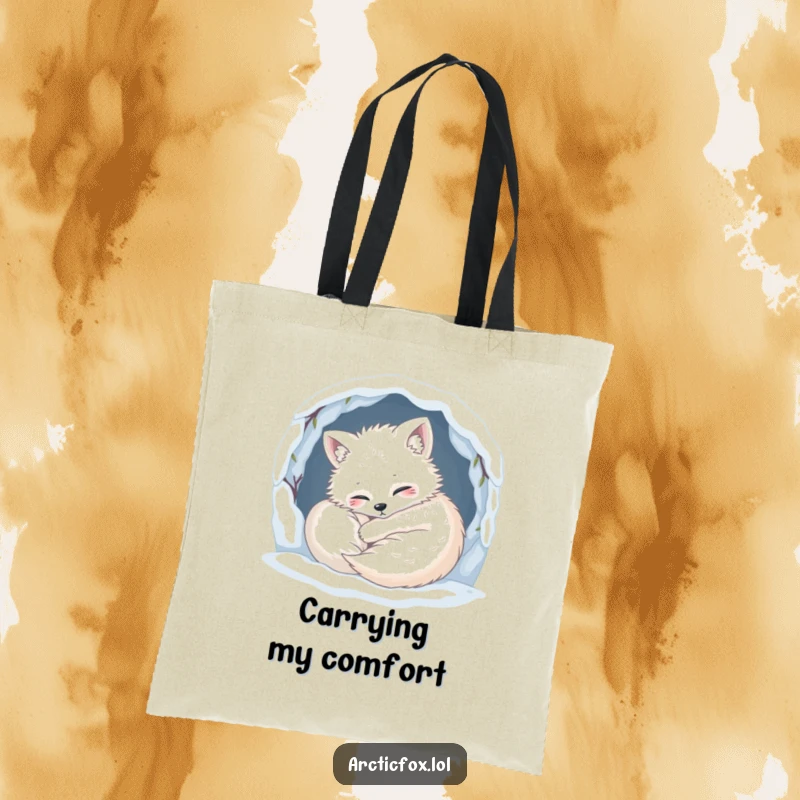 Funny Tote Bag: A content arctic fox is humorously curled up snugly in a snowy den, looking perfectly cozy.