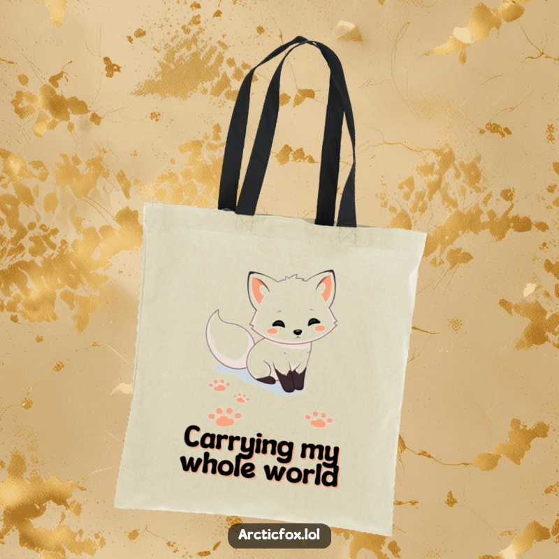 Funny cute Arctic fox tote bag, illustrating playful paw prints in the snow, ideal for carrying essentials with arctic flair.