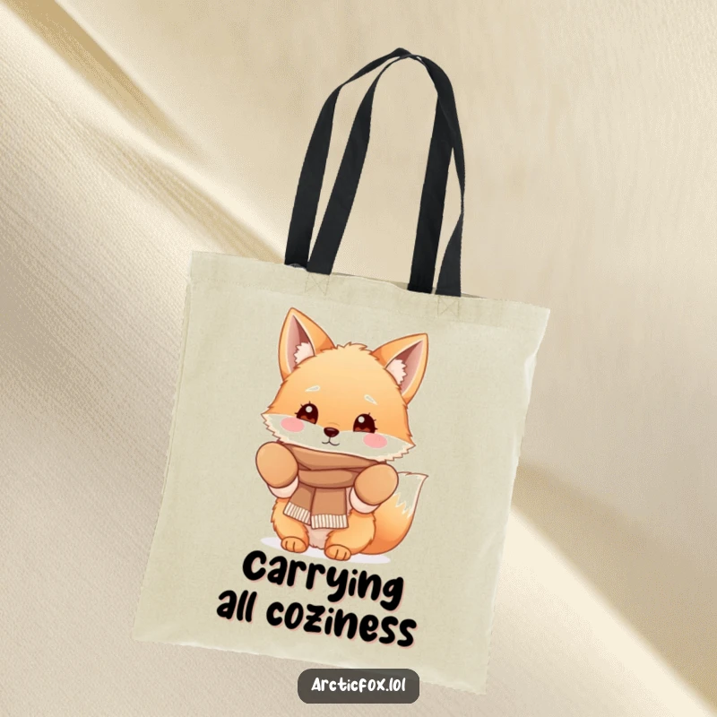 Funny Fluffy Fox Tote Bag with a cute fox character wearing cozy mittens and a scarf, ideal for carrying items with winter charm.