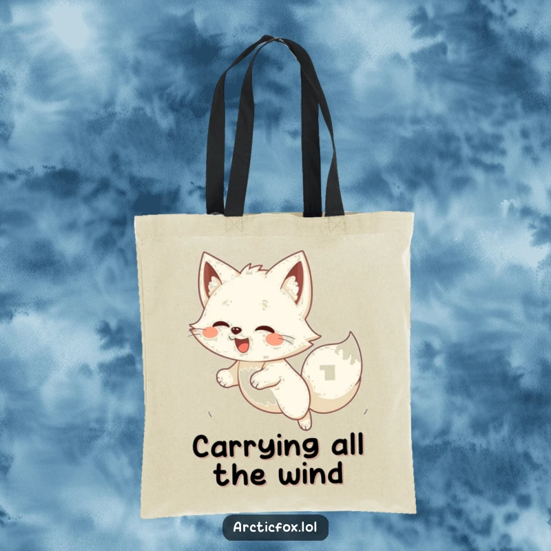 Funny Kawaii arctic fox mid-pounce on a gust of wind, a practical and amusing tote bag design.