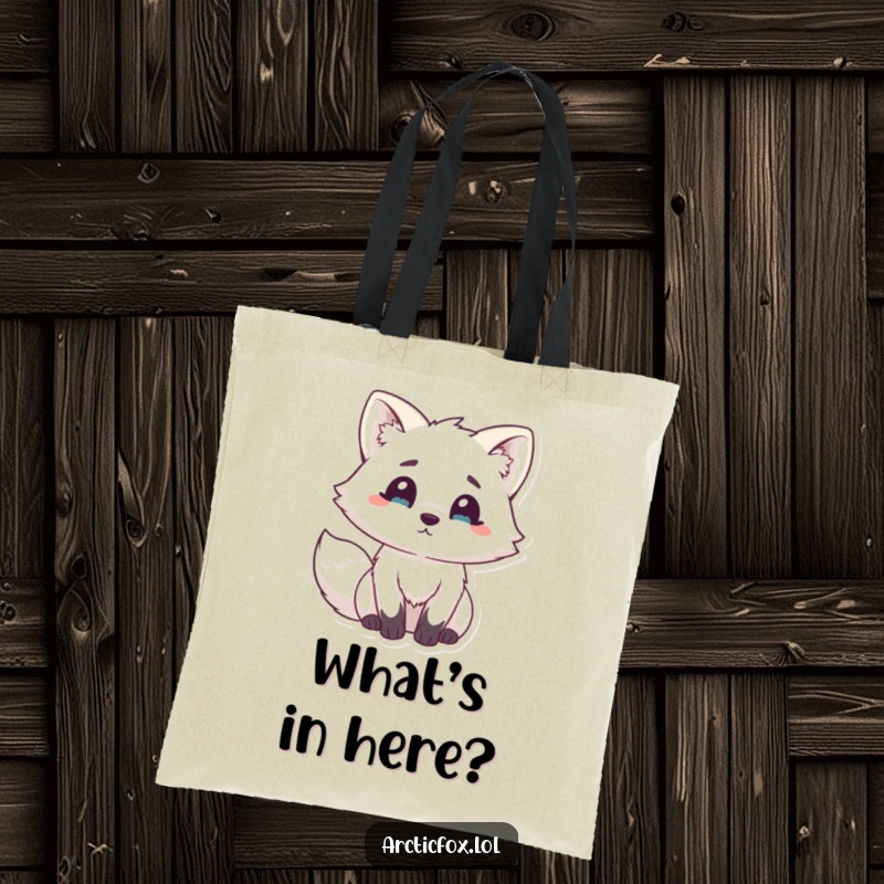 Funny Kawaii Arctic Fox Tote Bag: Cute white fox looking hilariously surprised with fluffy ears up, a practical yet amusing accessory.