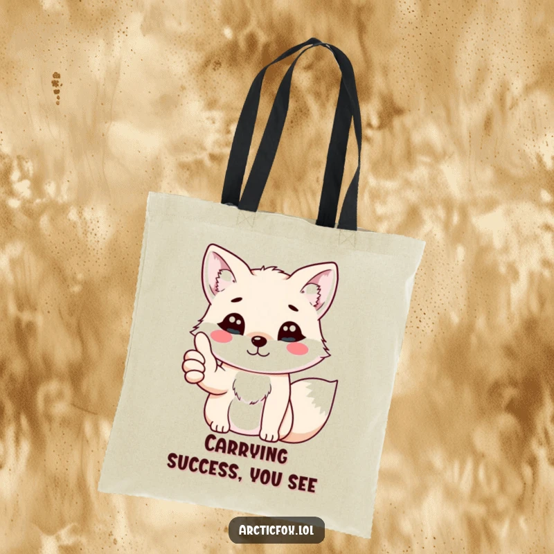 Funny kawaii arctic fox giving a cheerful thumbs up with its paw, printed on a durable and stylish tote bag.