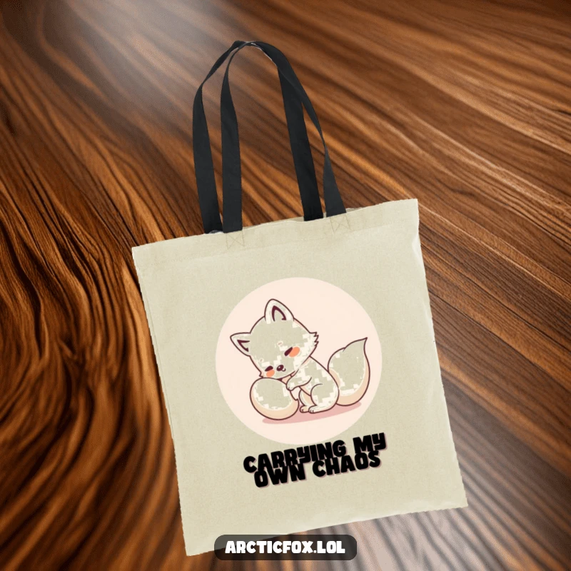 Funny Kawaii Arctic Fox Tote Bag: Adorable white fox in a funny, circular chase after its own tail, a practical yet amusing accessory.
