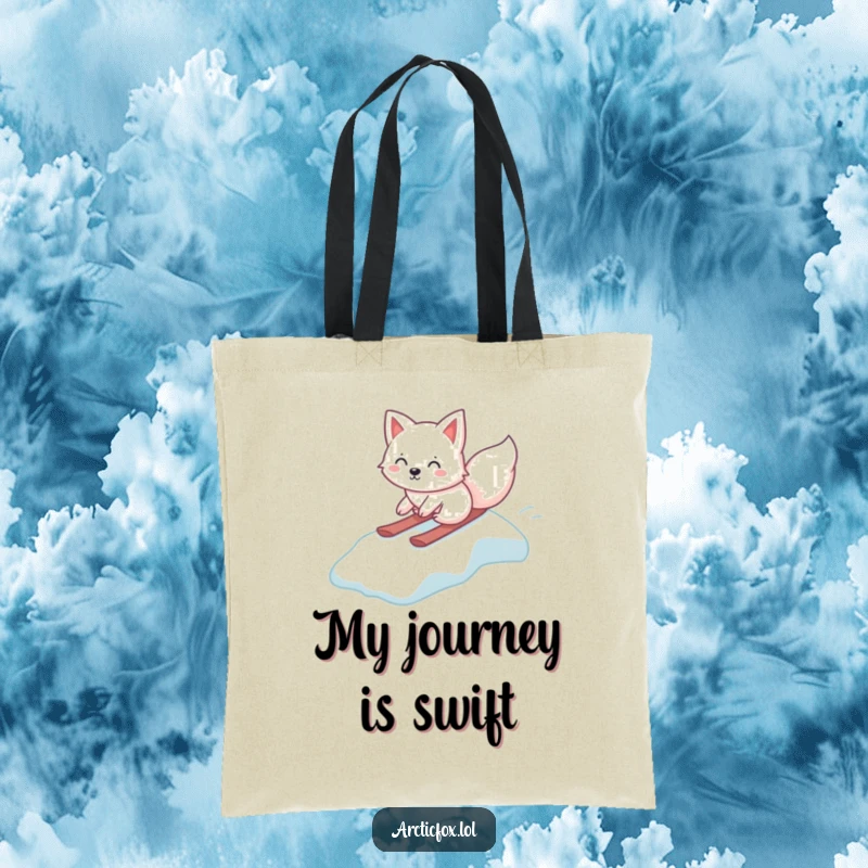 Funny Kawaii Arctic Fox Tote Bag, gleefully sliding down an icy slope, cute and functional bag, humorous arctic animal design, excellent funny gift