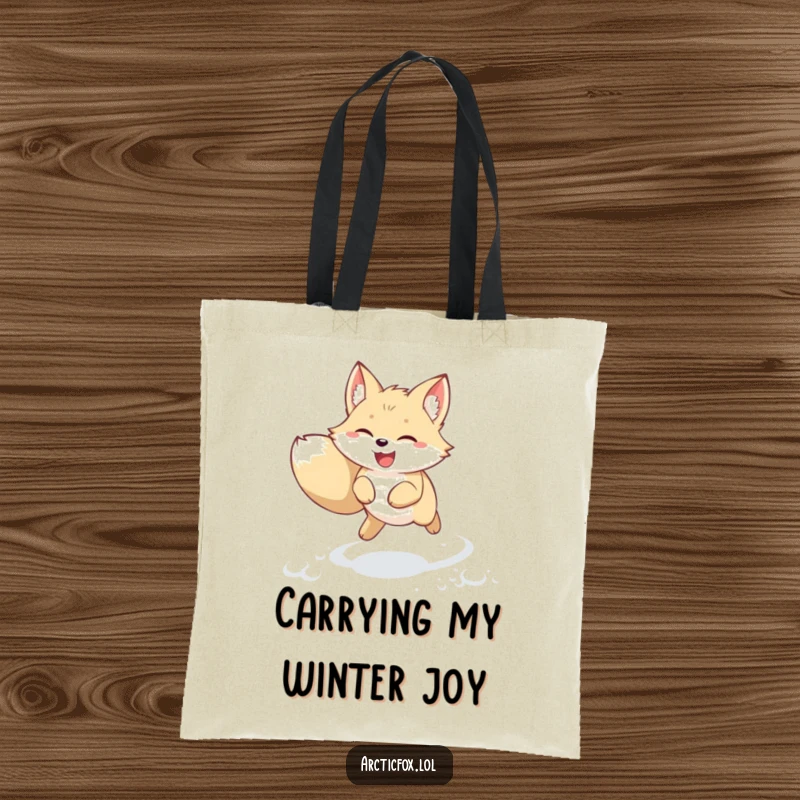 Funny kawaii arctic fox tote bag featuring a joyful creature leaping through fresh snow with perked ears. Cute and humorous winter animal accessory, great funny gift.