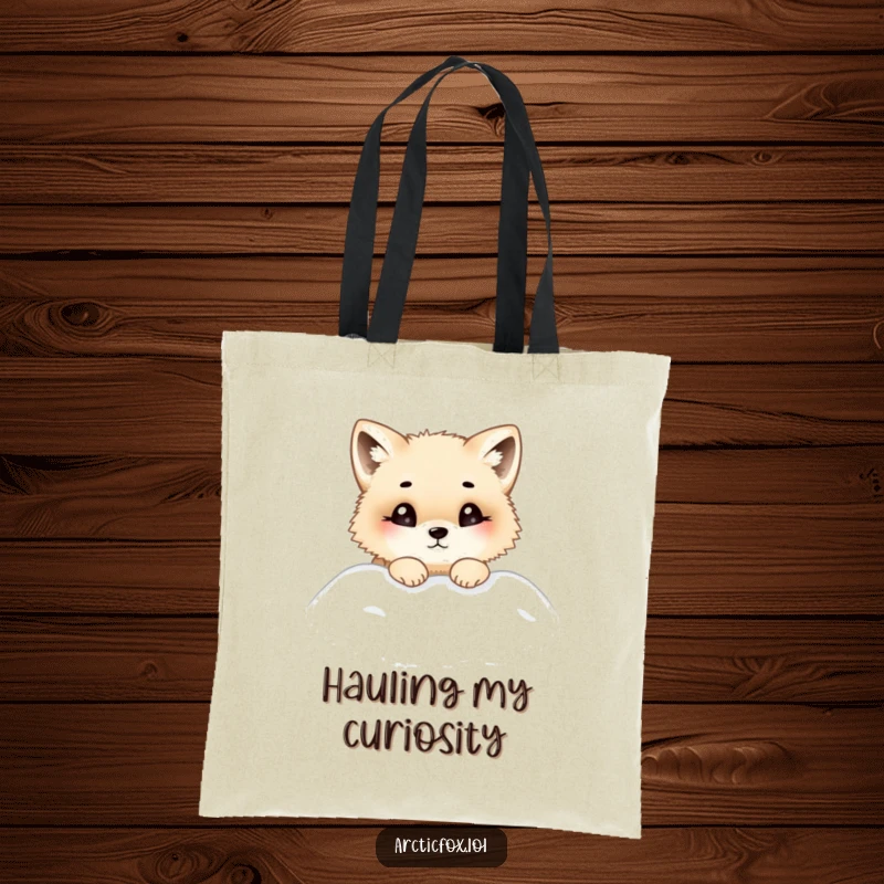 Funny tote bag illustration of a chubby Arctic fox peeking curiously from a snowdrift, ready to carry your belongings with adorable flair.