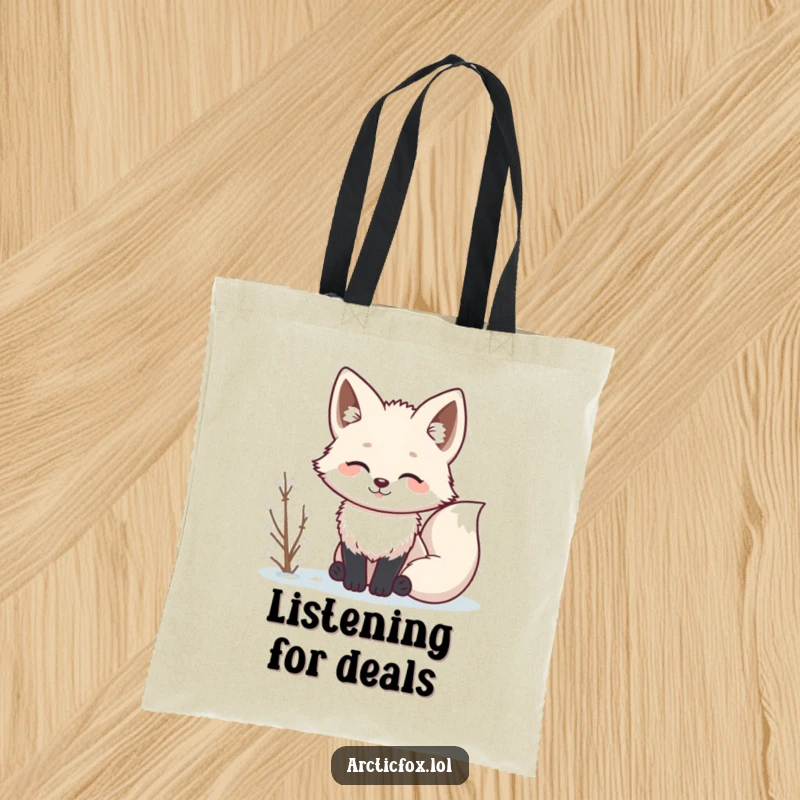 Funny Kawaii arctic fox with perked ears, listening, a stylish and humorous tote bag.