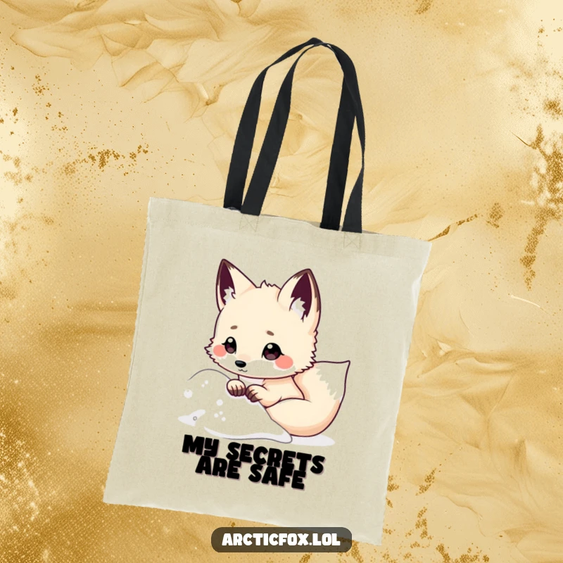 Funny Kawaii Arctic Fox Tote Bag, peeking from snowy drift, ears perked, cute and functional bag, humorous arctic animal design, excellent funny gift