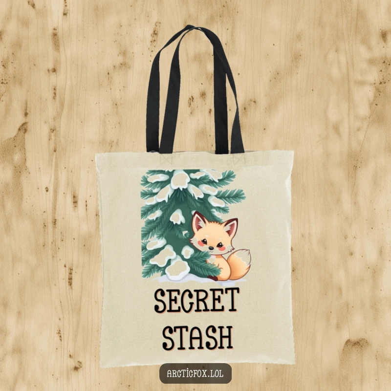 Funny arctic fox tote bag featuring a curious creature peeking from behind a snow-dusted evergreen, perfect for carrying playful mystery.